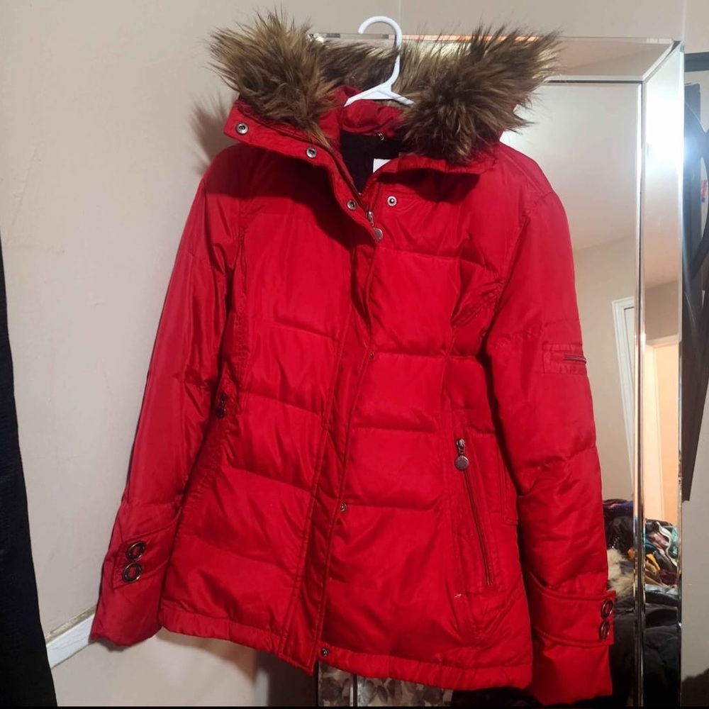 Calvin Klein Red Outerwear with Faux Fur
